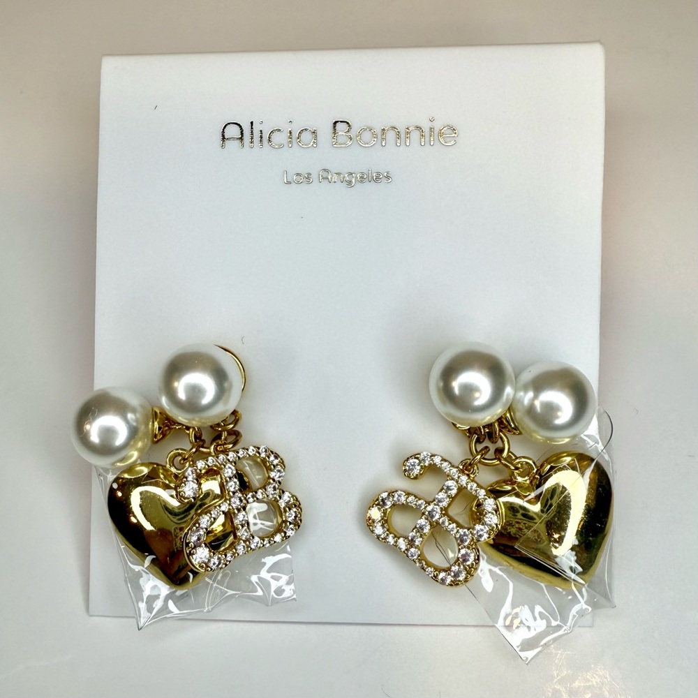 Alicia Bonnie-Sweet Embrace-Gold Charm Dangle Earrings-Pearl-White Crystal-NWT